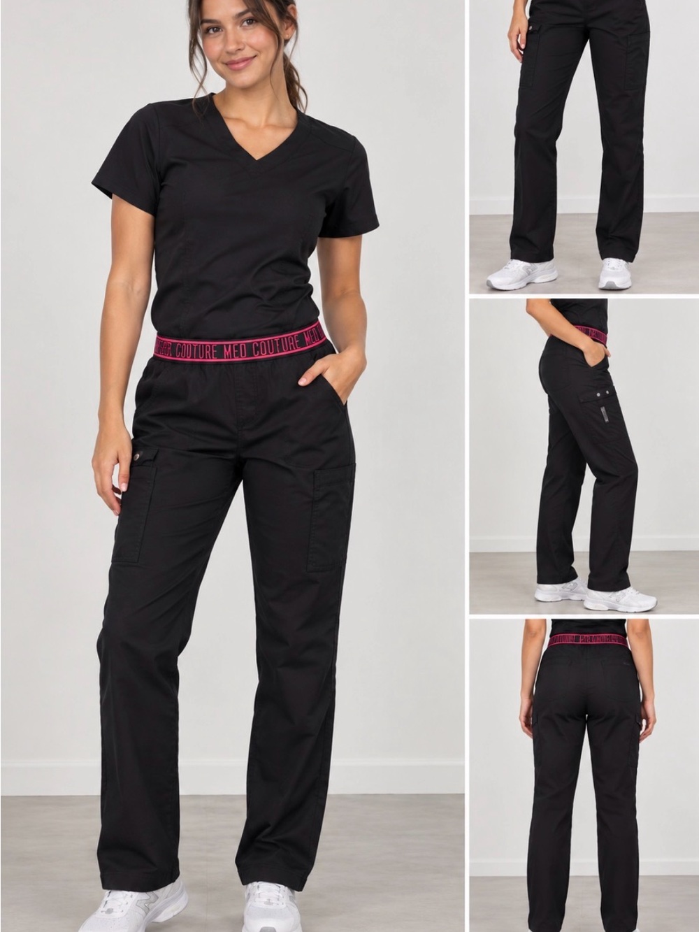 Med Couture Black Straight Leg Scrub Pants with Pink Branded Waistband